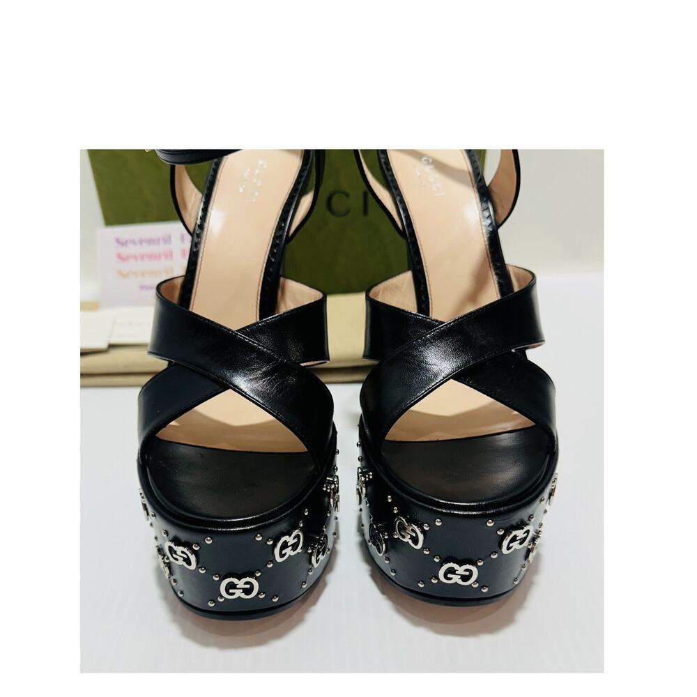 NIB Gucci Janaya Black Platform Slingback Sandals 40.5 US 10.5 GG Studded Heels - Picture 7 of 16